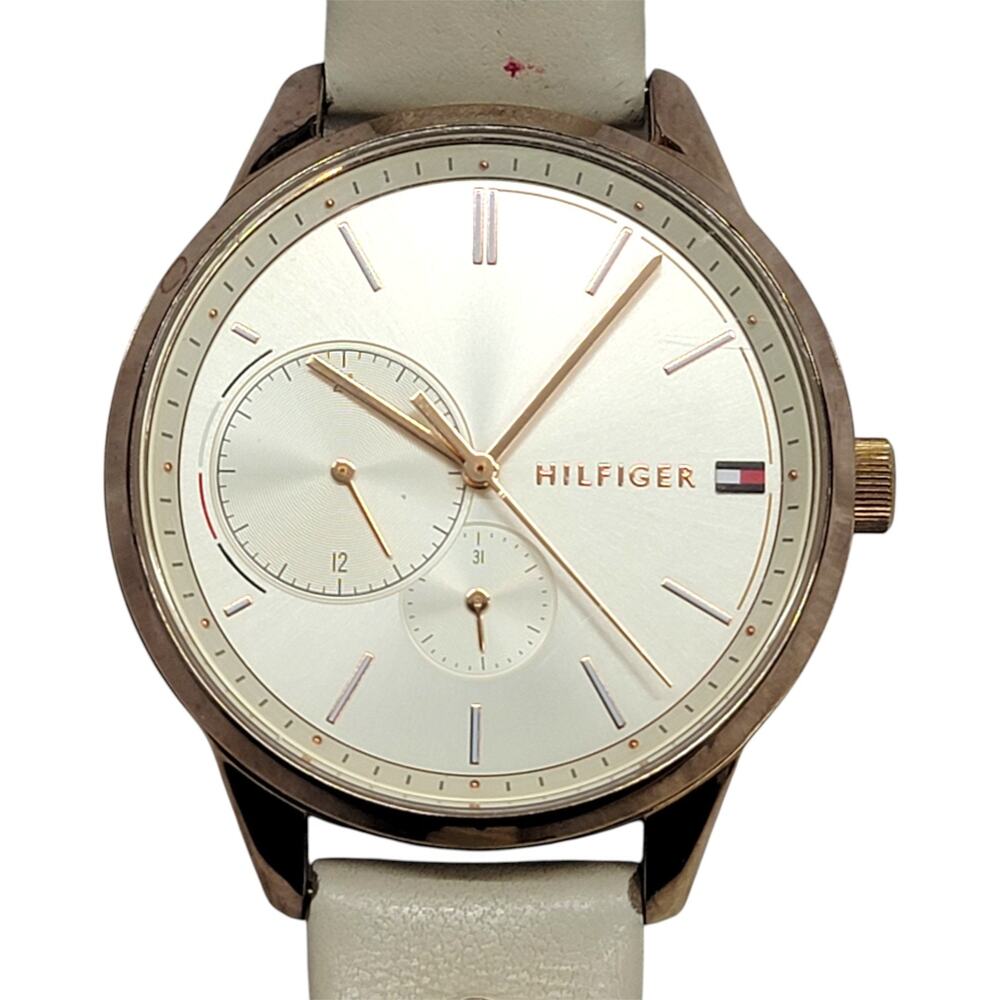 Tommy Hilfiger Brooke Womens Quartz Watch Gold Dial White Leather Band Works